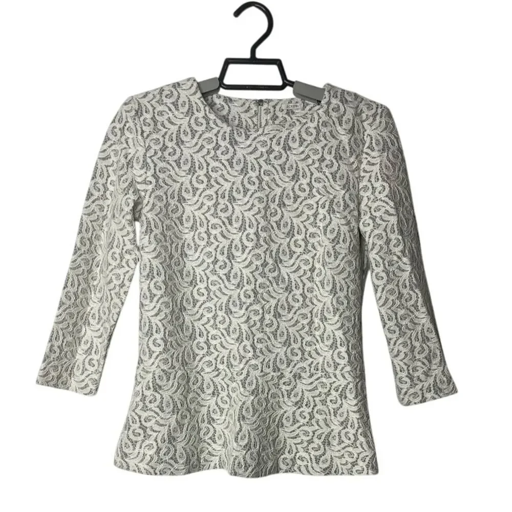 J.Crew White Lace Over Gray Cotton Peplum Top Blouse‎ Shirt 3/4 Sleeve